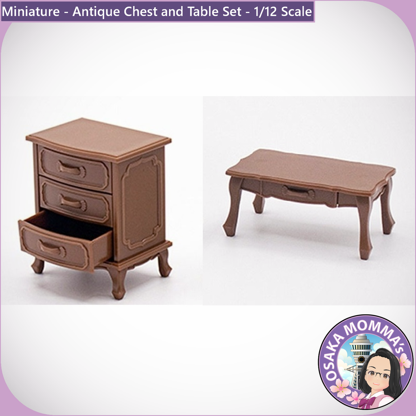 1/12 Scale Antique Chest and Table Set Brown Color