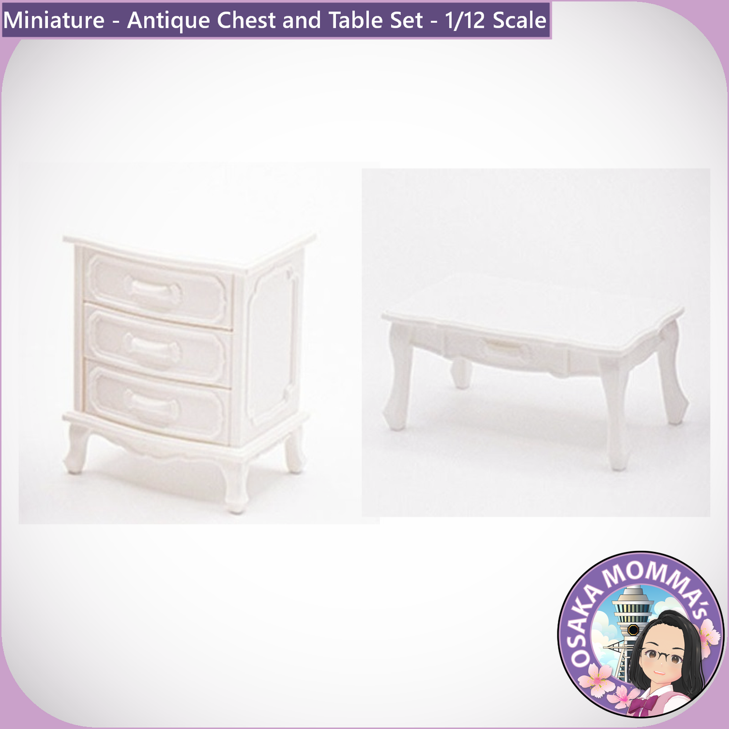 1/12 Scale Antique Chest and Table Set White Color